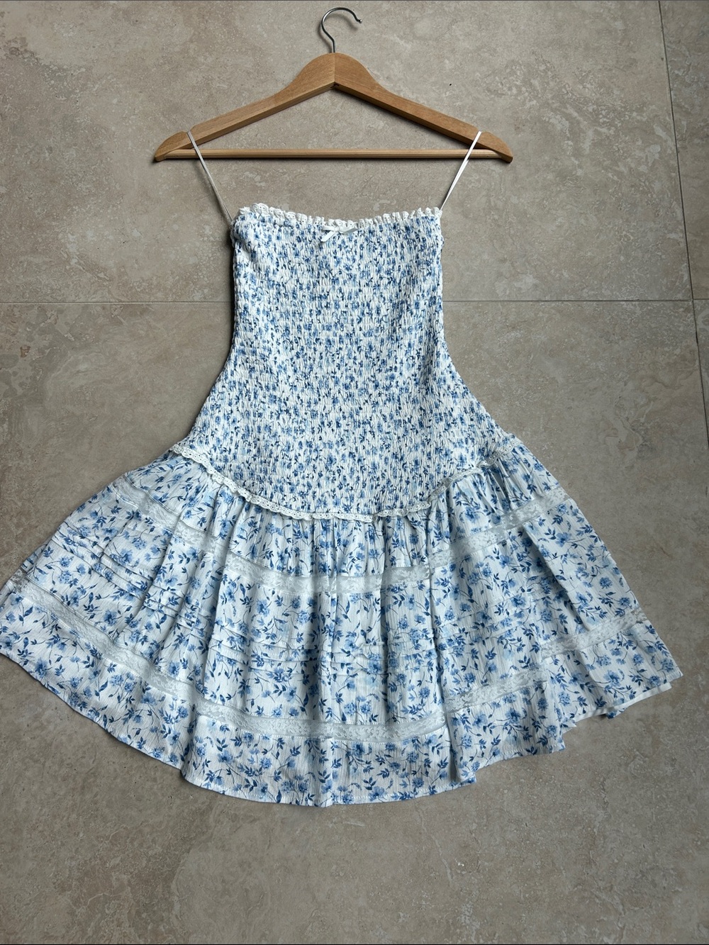 Blue Floral Smocked Sundress with Spaghetti Straps